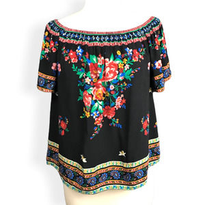 Flying Tomato Floral Off the Shoulder Top Medium Black Floral Print Shirt